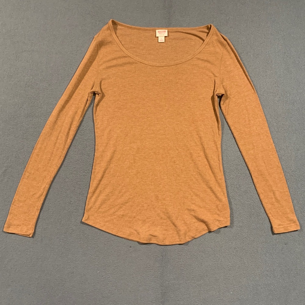 Y2K Mossimo Supply Co Womens Large Camel Brown Ribbed Long Sleeve Scoop Neck Tee
